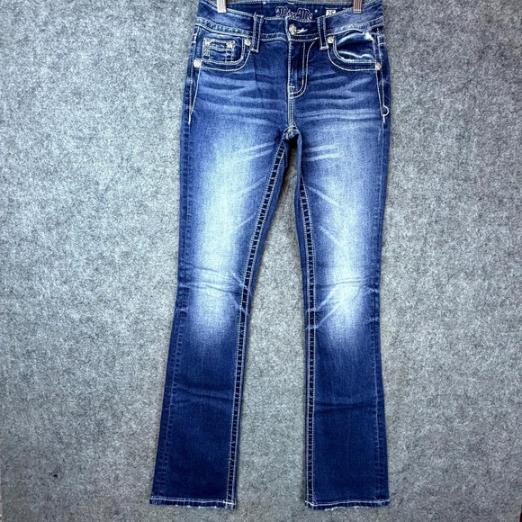 Miss Me Jeans 25 Blue Y2K Fleur De Lis Cowgirl Cowhair Mid Rise Slim Boot - Picture 2 of 9